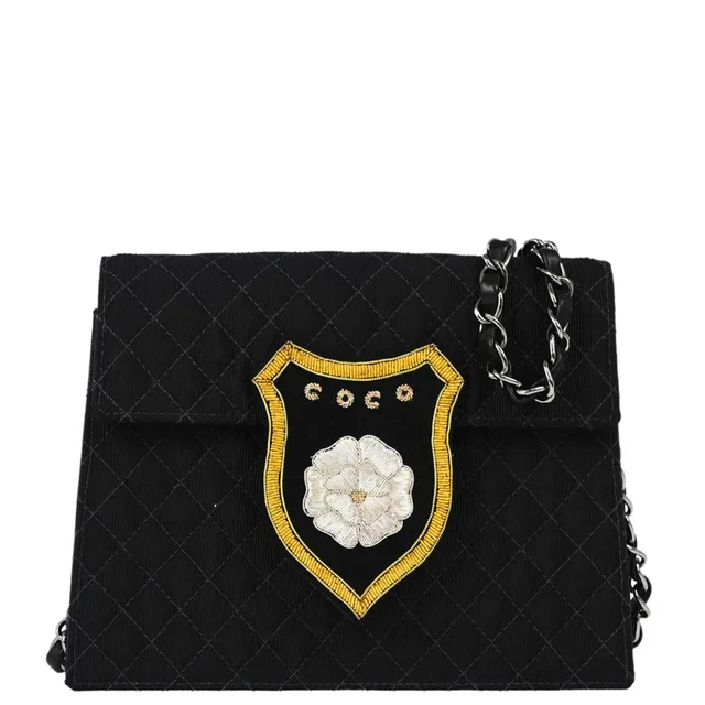 Chanel 2005-2006 Black Emblem Chain Shoulder Bag in Black Canvas from AMORE Vintage Tokyo