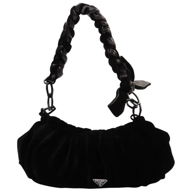 Prada Velour Logo Plate Ribbon Chain Shoulder Bag Black in Black Velvet from VINTAGE QOO TOKYO