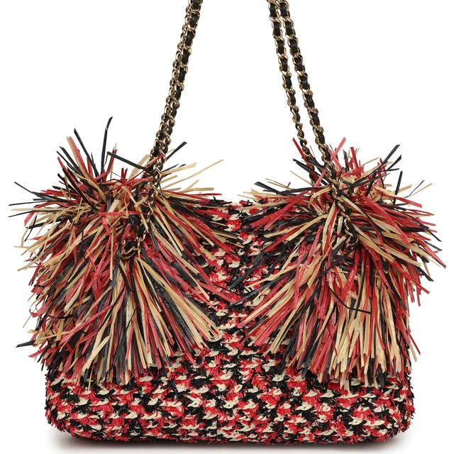 Chanel Small CC Shopping Bag Red, Beige, Black Braided Raffia Gold Hardware in Black Raffia from Madison Avenue Couture