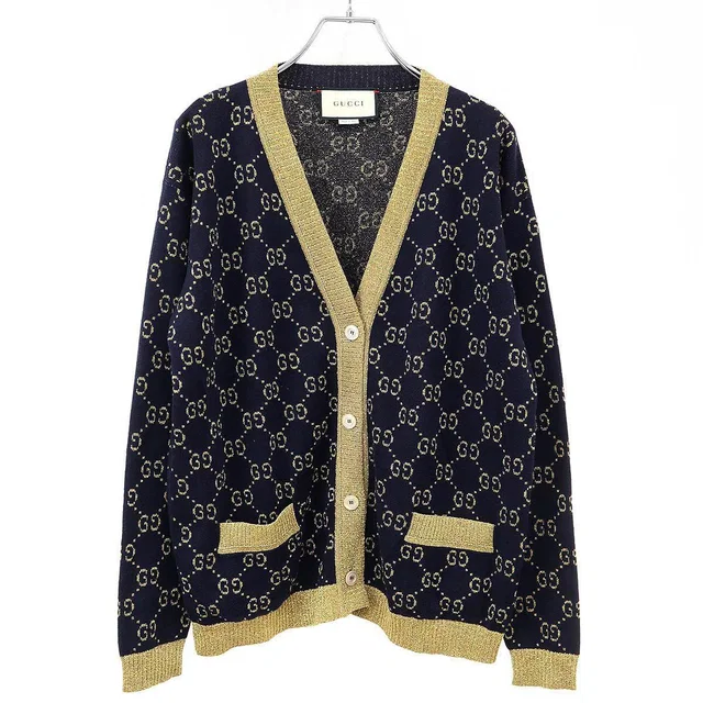 Gucci GG Cotton Lame Fabric Cardigan Navy Gold XS in Navy Nylon from The Reluxe