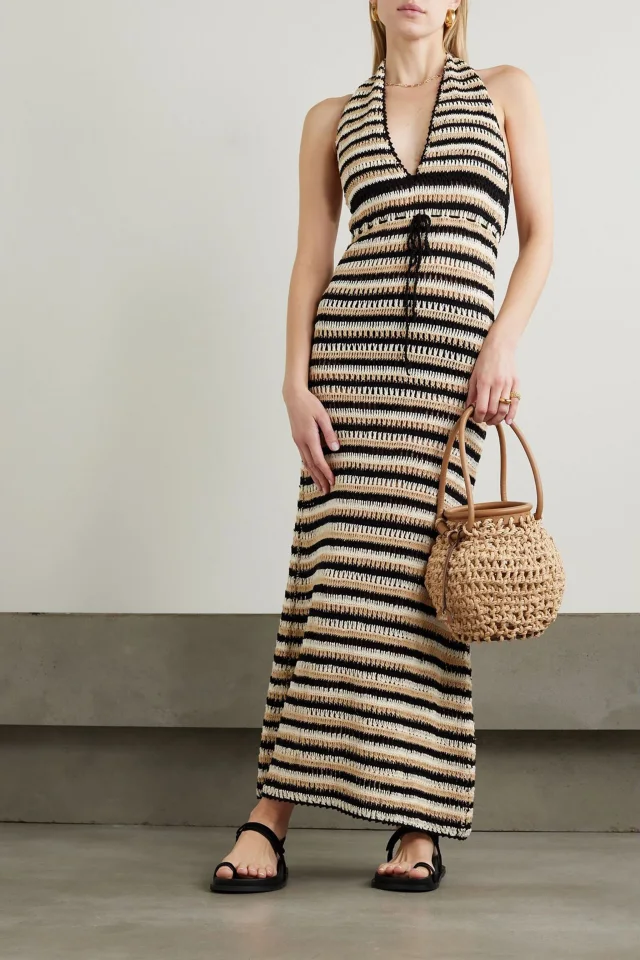 Faithfull The Brand Torcello Striped Crocheted Cotton Maxi Dress in Black, photo 2 of 4 from THE OUTNET