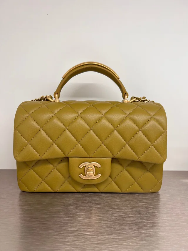 Chanel Top Handle Mini Rectangle Gold Cap Olive Lambskin GHW (MC) in Green Lambskin from Luxury Promise