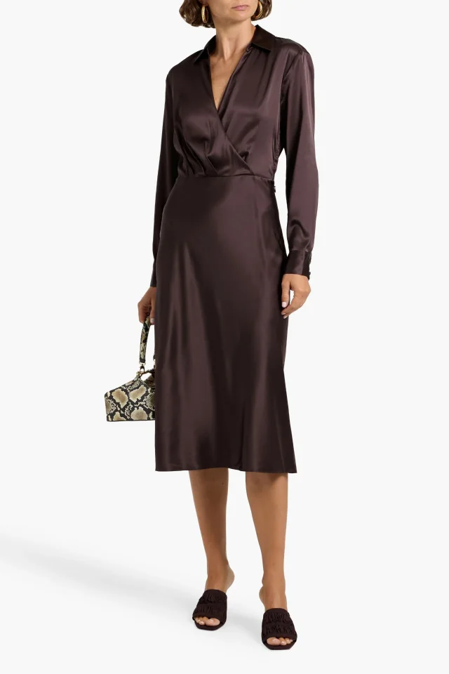 Veronica Beard Otis Wrap-Effect Silk-Blend Satin Midi Dress in Chocolate, photo 2 of 4 from THE OUTNET