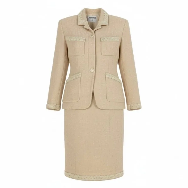 Chanel Vintage CC Logo Button Tweed Jacket Skirt Set Ivory Set in White Tweed from The Reluxe