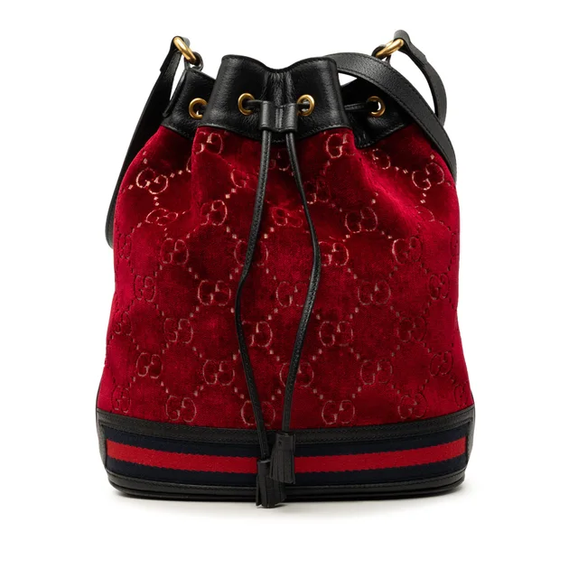 Red Gucci GG Velvet Web Bucket in Red Velvet from Designer Revival