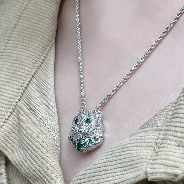 Boucheron Silver-Tone Panther Pendant Necklace With Green Crystal Eyes in silver|green|gray from Poshmark