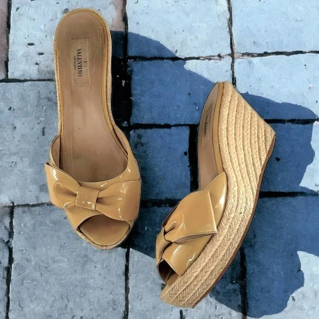 Valentino Garavani Camel Tan Patent Leather Bow Peep Toe Espadrille Mules Size 40 in neutral|brown Patent leather from Poshmark