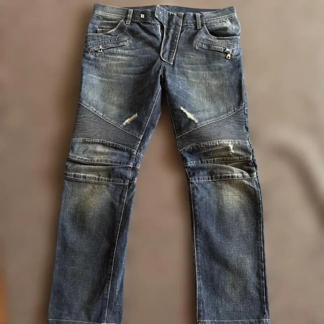 Balmain Ribbed Knees Distressed Denim Pants Dark Blue L, Men's (Size 34) in blue Denim from Grailed