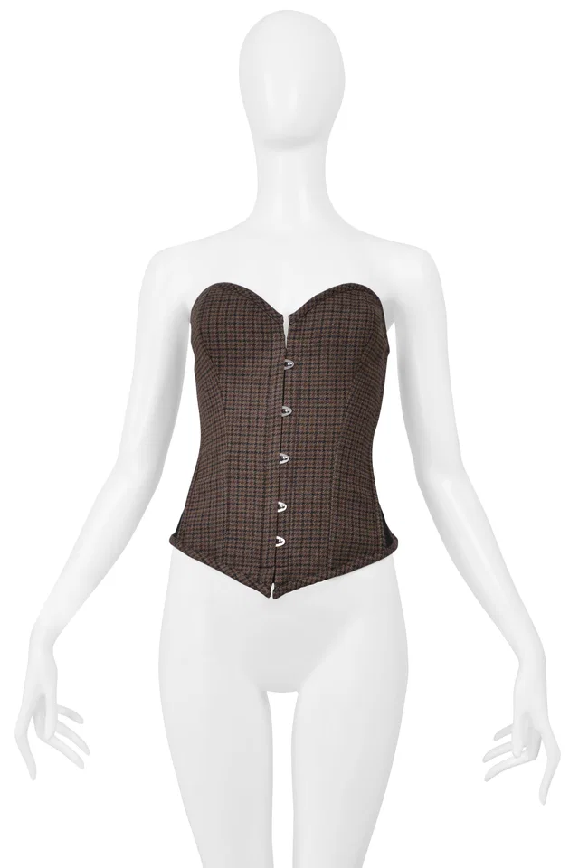 Dolce & Gabbana Brown Check Wool Corset With Laces in Brown Wool from Resurrection Vintage
