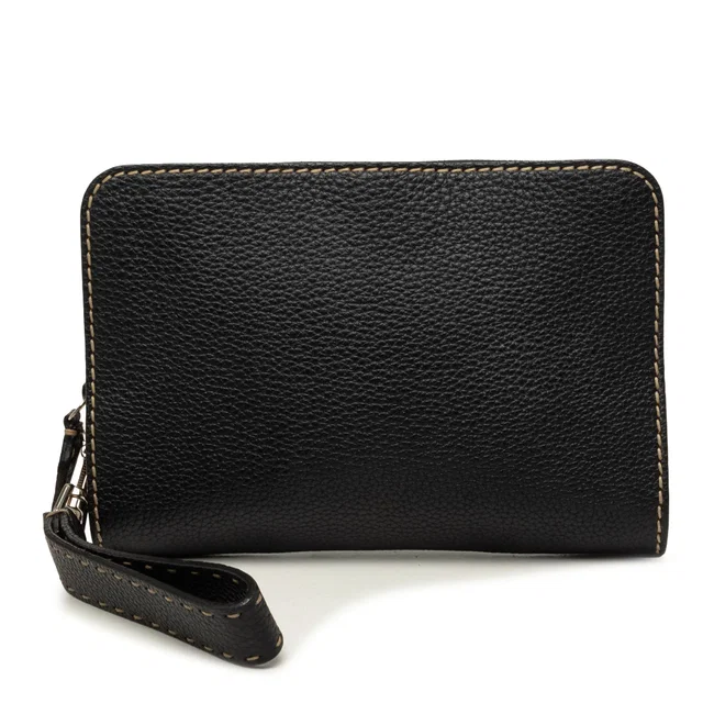 Black Fendi Cuoio Romano Selleria Zip Around Wristlet Pouch in Black Caviar leather from Designer Revival