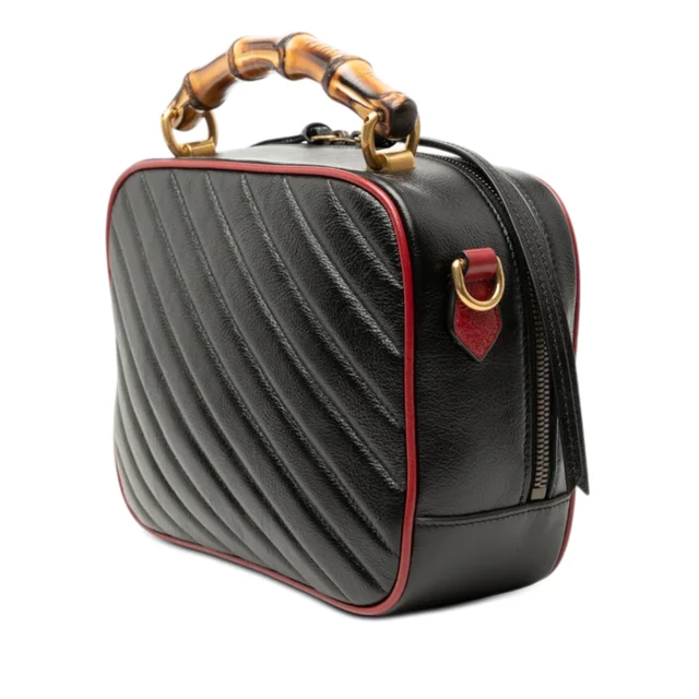 Black Gucci Small GG Marmont Matelasse Diagonal Leather Torchon Bamboo Satchel in Black Leather from Designer Revival, photo 2 of 2