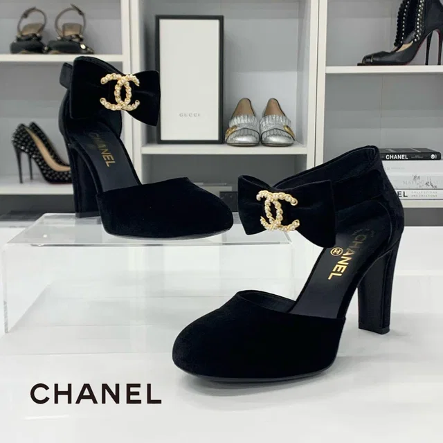 Chanel CC Logo Ribbon Velour Pearl Velcro Strap Pumps Heels from The Reluxe