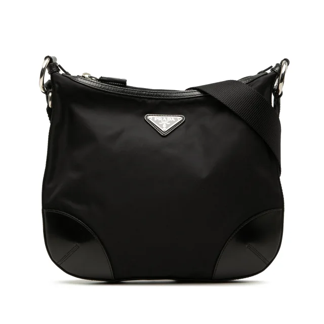 Black Prada Leather Trimmed Tessuto Zip Top Crossbody in Black Leather from Designer Revival