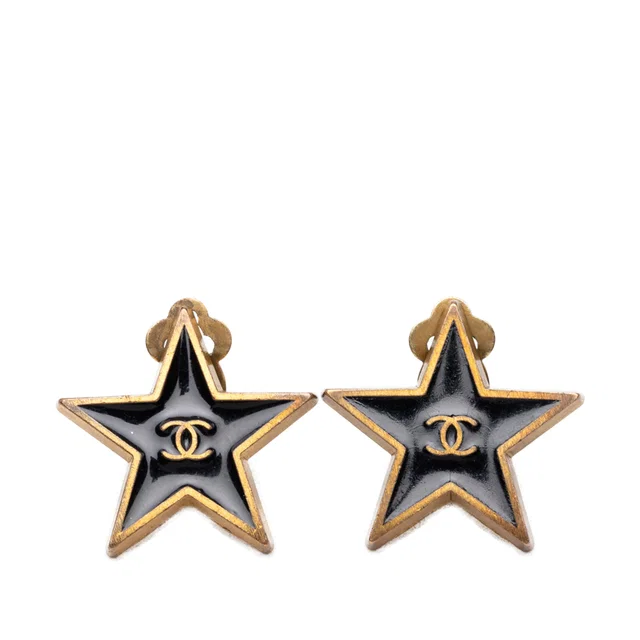 Black Chanel CC Gold Plated Enamel Star Clip On Earrings in Black from Designer Revival