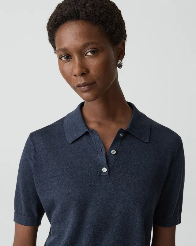 Theory Sheer Polo Shirt in Linen Knit in NOCTURNE NAVY 77% Linen, 23% Viscose; Exclusive Of Elastic, photo 4 of 14 from Theory