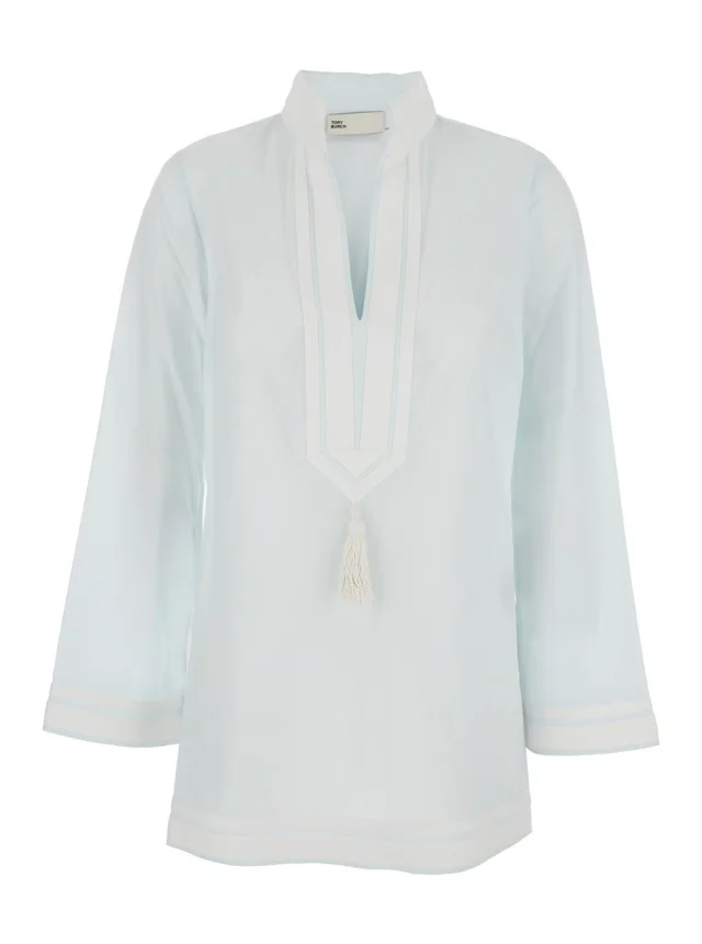Tory burch Light Blue V-Neck Caftan with Tassel in cotton for Women in 100% Cotton, image 1 of 1 from Gaudenzi Boutique