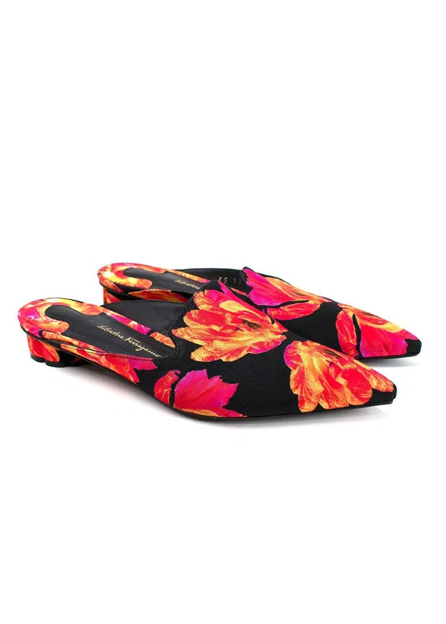 Ferragamo Red and Black Floral Pointed Mules in Black Leather from HEWI