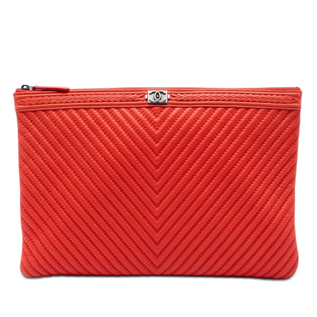 Red Chanel Large Chevron Lambskin Double Stitch Boy O Case Clutch in Red Lambskin from Designer Revival