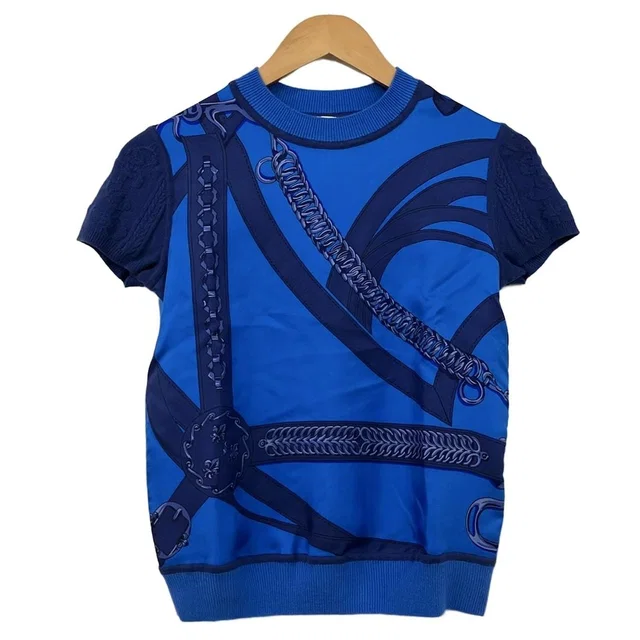 Hermès Short Sleeve Sweater 34 S Blue Crew Neck Silk in Blue Silk from The Reluxe