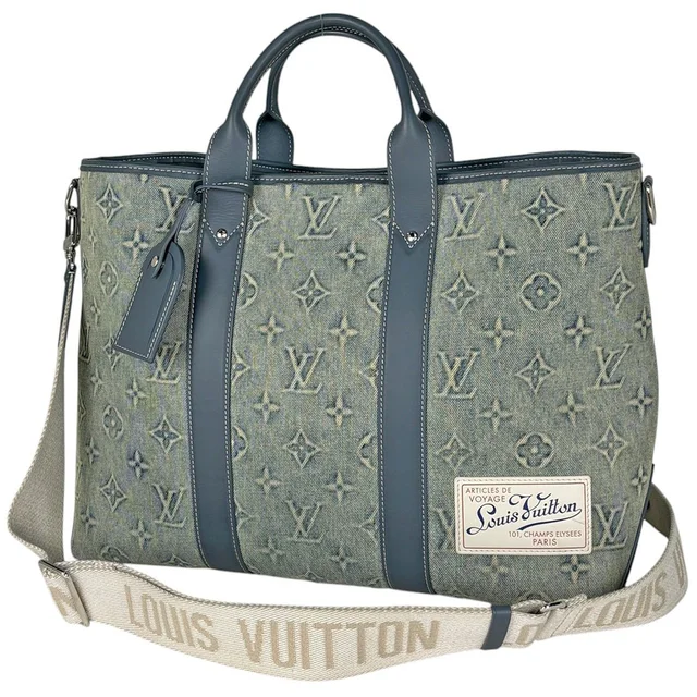 Louis Vuitton Weekend Tote Bag NM 2-Way Monogram Wash Denim Leather Blue in Blue Denim from The Reluxe
