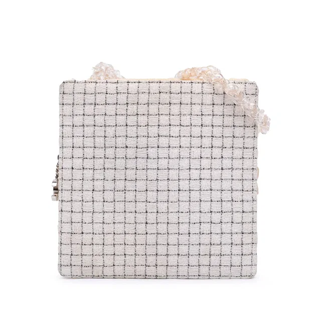 White Chanel Small Tweed and Resin Zipped Shopping Bag in White Tweed from Designer Revival