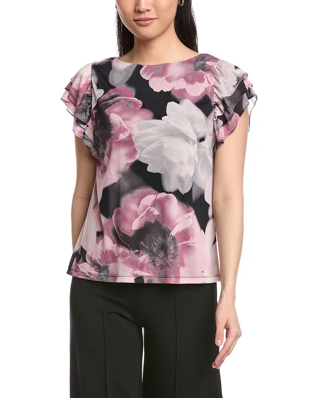 Anne Klein Printed Mesh Ruffle Sleeve Top, image 1 of 1 from Rue La La