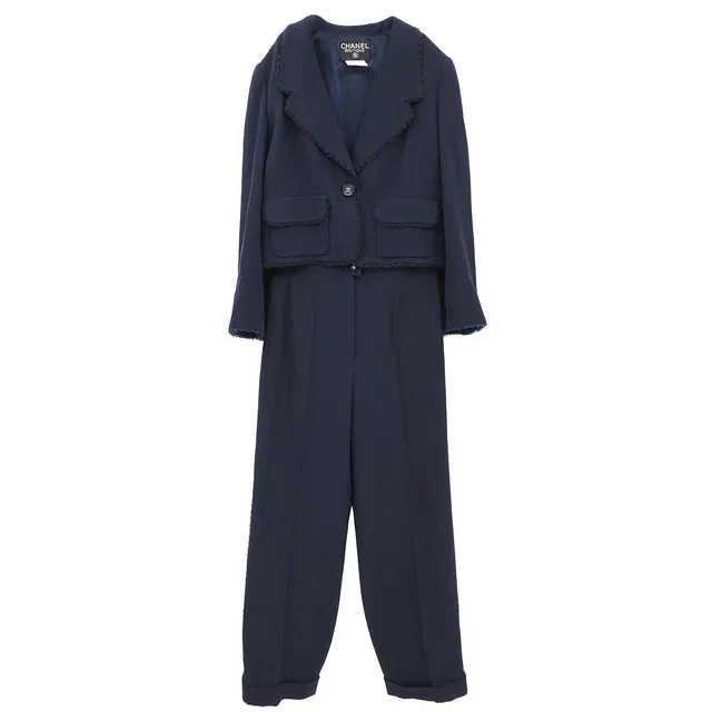 Check Chanel 1995 Setup Jacket Pants Navy #40 in Navy Wool from AMORE Vintage Tokyo