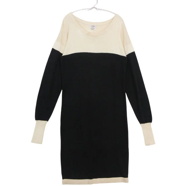 Chanel Dress Bicolor Long Sleeve Scottish Knee Length Rib Cotton Drop Woolder from The Reluxe