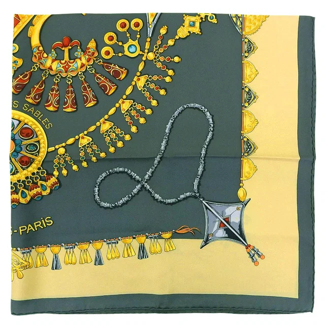 Hermès Carré 90 Parures des Sables scarf, green/beige in Beige Silk from VINTAGE QOO TOKYO