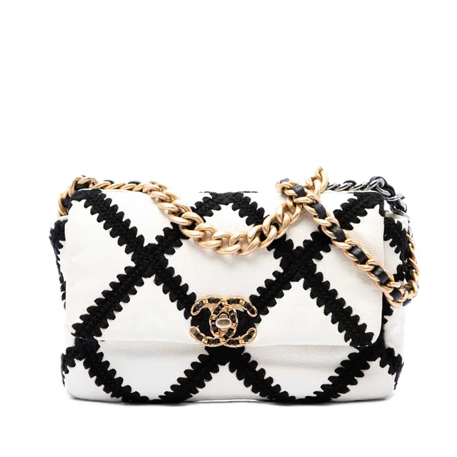 White Chanel Medium Crochet Calfskin 19 Flap Satchel in White Calfskin from Designer Revival