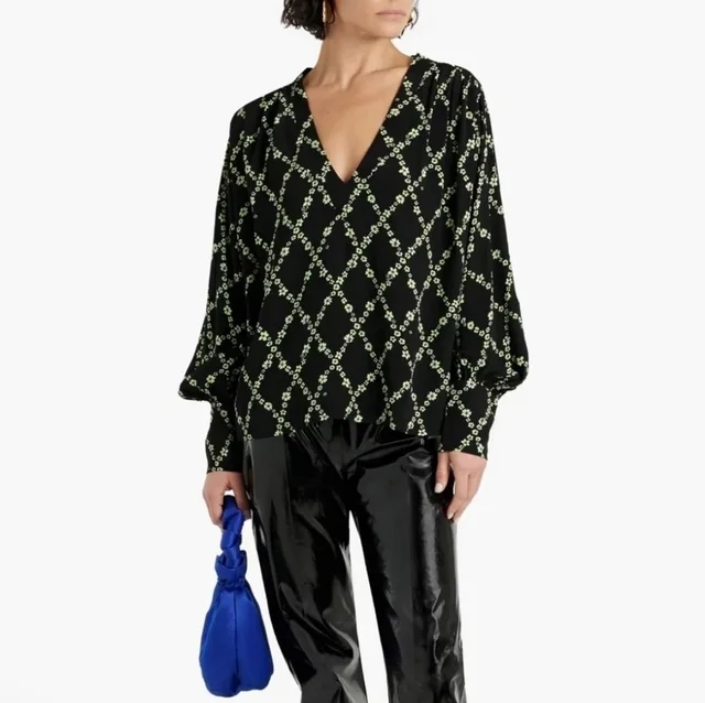 GANNI Green Purple Flowers Crepe Balloon Sleeve V Neck Blouse Size 38, 6 in black from Poshmark