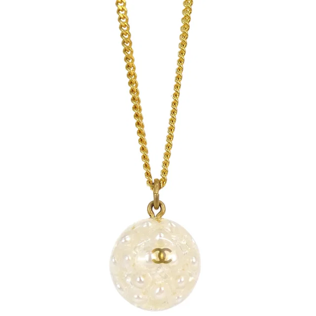 Chanel Costume Pearl Gold Ivory Ball Necklace Pendant 00S in White from AMORE Vintage Tokyo