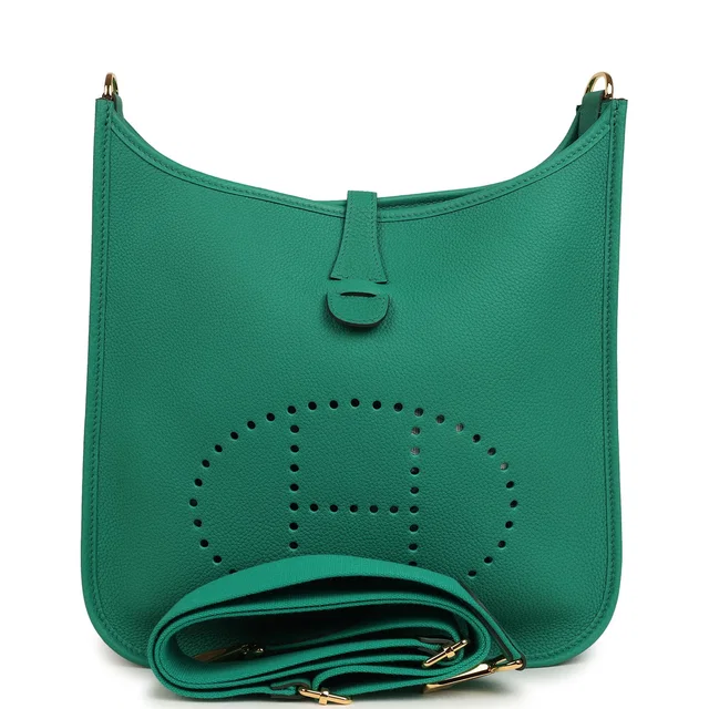 Hermès Evelyne III PM Vert Jade Clemence Gold Hardware in Green Clemence leather from Madison Avenue Couture