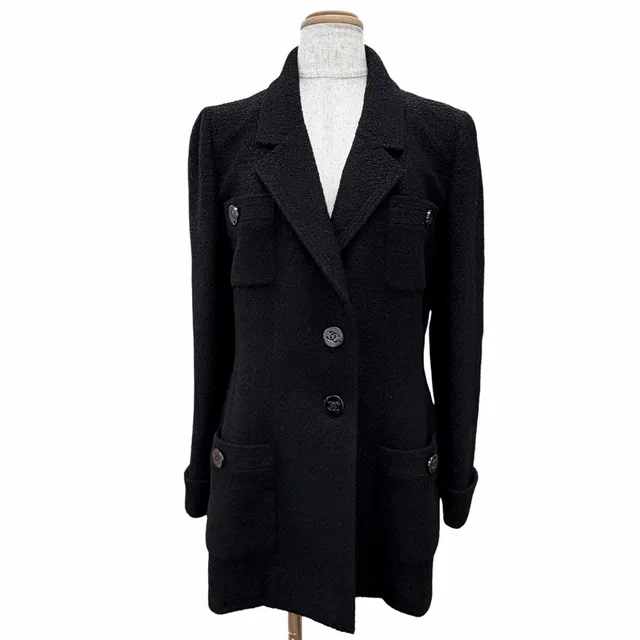 Chanel Vintage Wool CC Logo Button Lame Tweed Jacket Black 40 in Black Tweed from The Reluxe