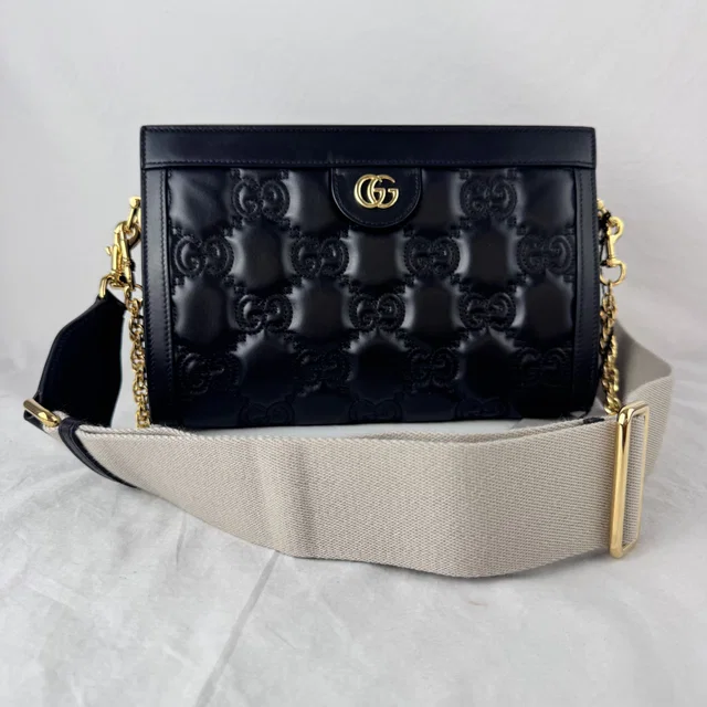 Gucci Black Leather GG Ophidia Small Shoulder Bag in Black embossed calfskin leather, Metal from Reowned