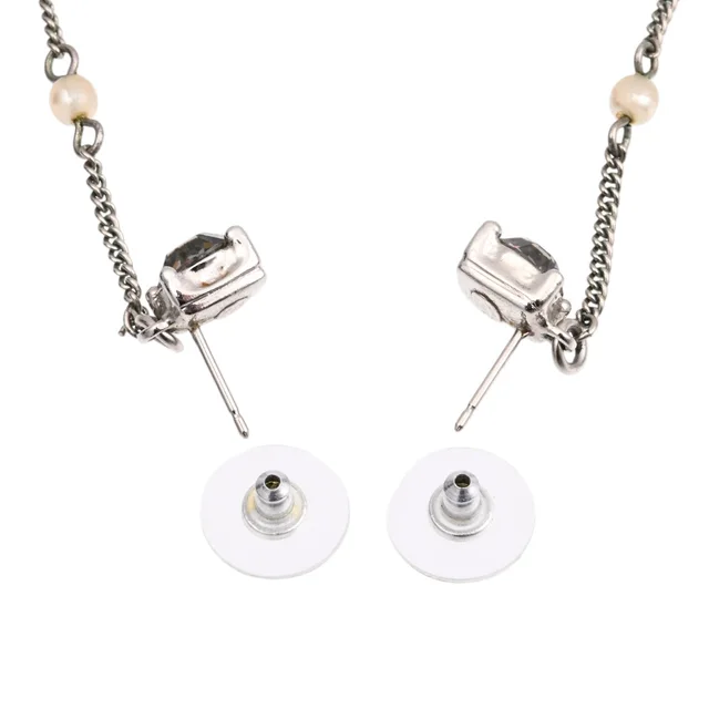 Chanel 2003 Pearl Rhinestone CC Mark Swing Earrings Silver in Silver from VINTAGE QOO TOKYO, photo 2 of 2