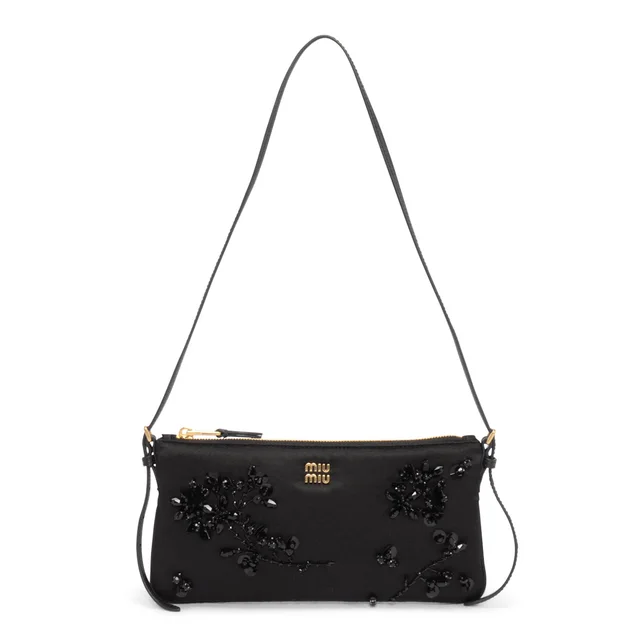 Miu Miu Duchesse Satin Beaded Mini Pouch in Black Satin from Blue Spinach