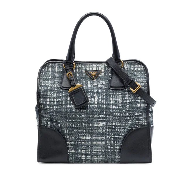 Black Prada Saffiano Trimmed Tweed Lux Shopping Tote Satchel in Black Saffiano leather from Designer Revival