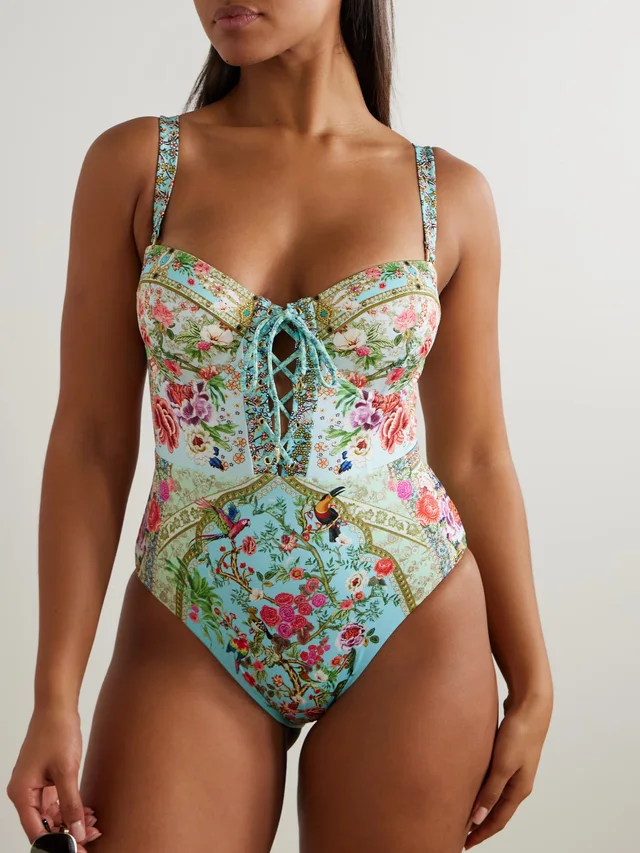 CAMILLA Lace-up crystal-embellished printed recycled swimsuit, photo 2 of 2 from NET-A-PORTER (Canada)