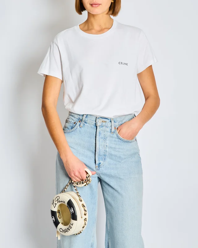 Celine White Cotton T-shirt with Black Logo FR 36 Size UK 8 in Black from Sellier, photo 2 of 2