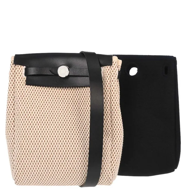 Hermès Black Natural Toile Officier GM Herbag TPM 2 in 1 Shoulder Bag in Black Leather from AMORE Vintage Tokyo