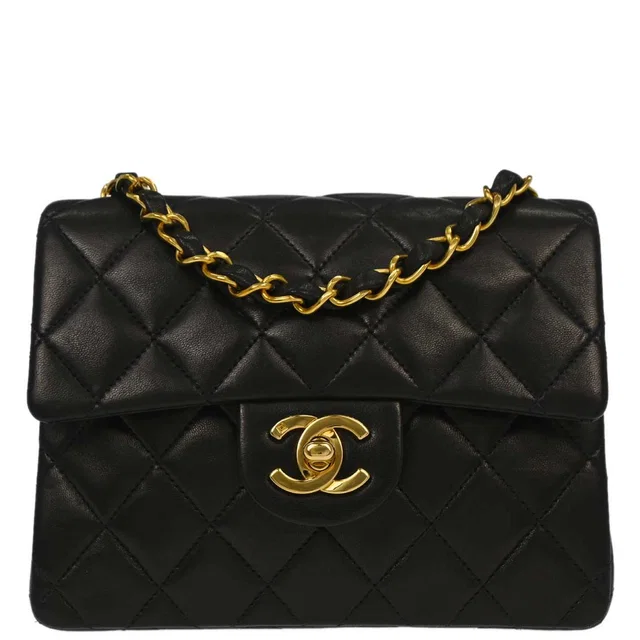 Chanel 1991-1994 Black Lambskin Mini Classic Square Flap Shoulder Bag 17 in Black Lambskin from AMORE Vintage Tokyo