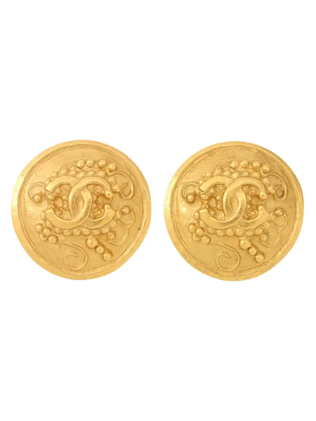 Chanel 1996 Round Design CC Mark Earrings, Gold in Gold from VINTAGE QOO TOKYO