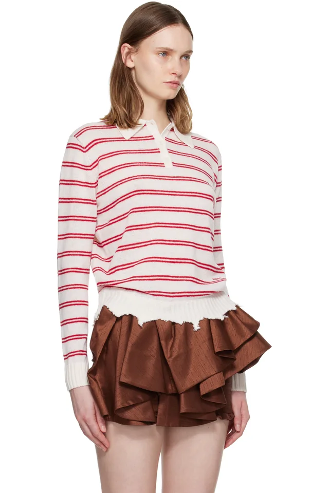 SHUSHU/TONG Off-White & Red Striped Long-Sleeve Knit Polo, photo 2 of 3 from SSENSE