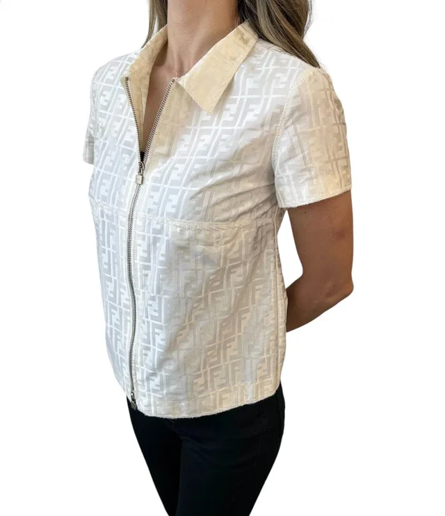 Fendi Vintage Zucca Monogram Logo Zipped Jacket #38 Short Sleeve Cream Rank AB in White from Luxury Promise