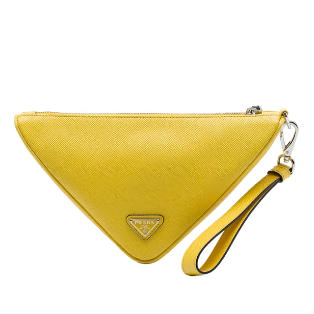 Yellow Prada Saffiano Logo Embossed Triangle Wristlet Pouch Clutch Bag in Yellow Saffiano leather from Designer Revival