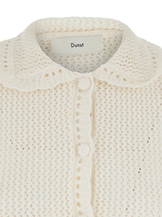 DUNST White Sweater with classic collar and crochet work in Linen and Cotton blend Woman in White 55% Linen 45% Cotton, photo 5 of 6 from Gaudenzi Boutique