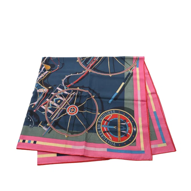 Blue Hermès Voitures En Equilibre Cashmere Silk Shawl 140 Scarves in Blue Silk from Designer Revival