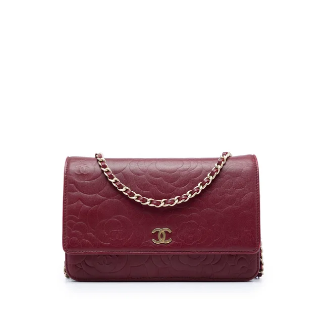 Red Chanel CC Embossed Calfskin Camellia Wallet On Chain Crossbody Bag in Red Calfskin from Designer Revival