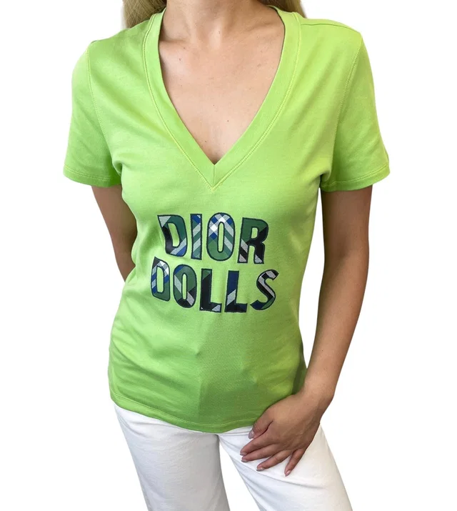Dior Vintage 2004 Dolls Logo T-shirt Top #44 Light Green Cotton in Green from Luxury Promise